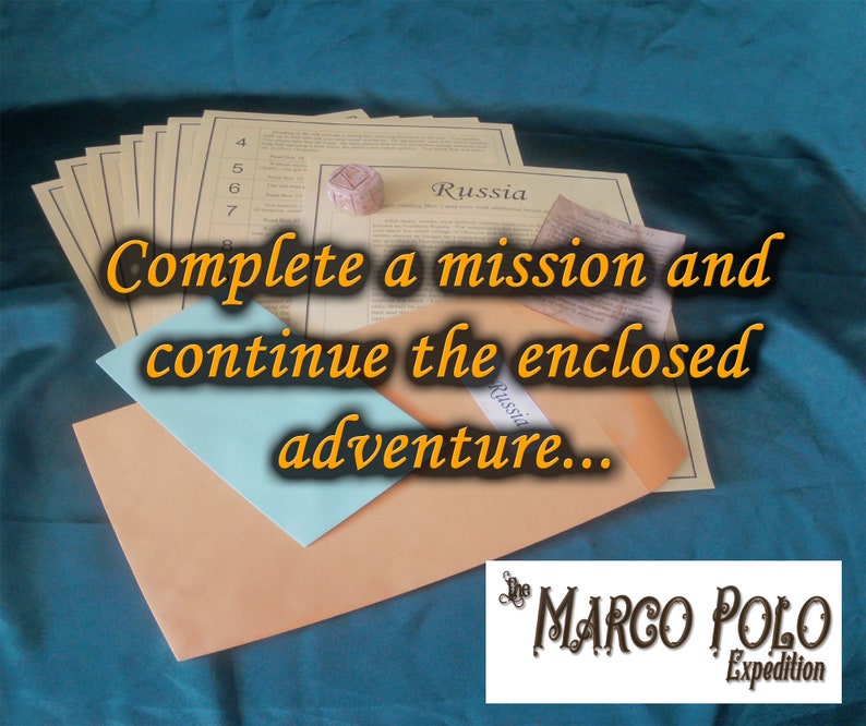 May include: An adventure game kit with the text "Complete a mission and continue the enclosed adventure..." is displayed. The kit includes several beige papers, a light blue and orange envelope, and a small wrapped item. The Marco Polo Expedition logo is in the bottom right.