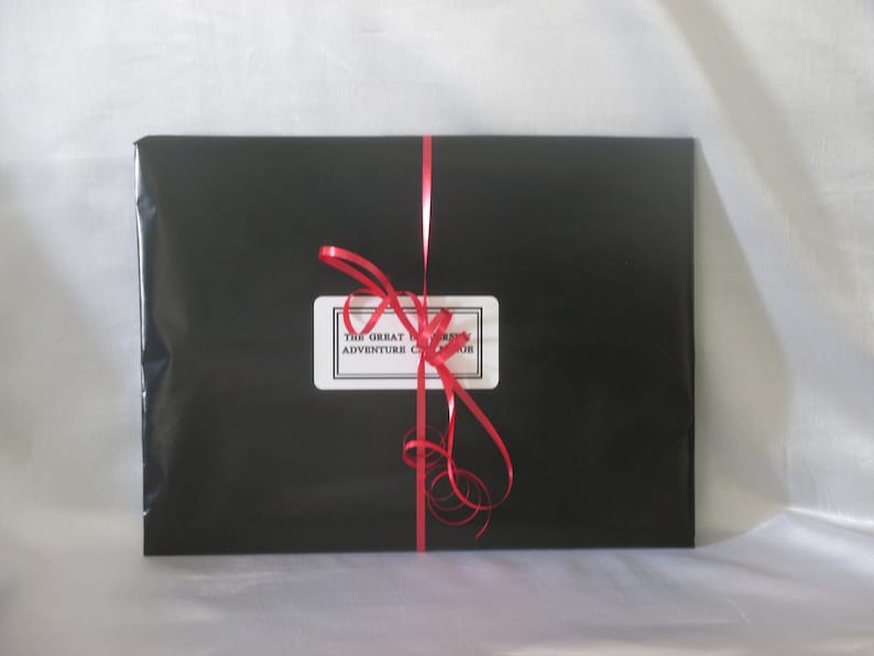 May include: A rectangular package wrapped in black paper, tied with a red ribbon. A white label with black text reads "THE GREAT ADVENTURE CLUB". The ribbon is tied in a bow and curls. The package is on a white surface.