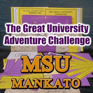 May include: A collection of materials for "The Great University Adventure Challenge" game. Includes yellow and purple papers, a purple package tied with a gold ribbon, and the text "MSU Mankato". The game's title is displayed in large, white-outlined purple letters.