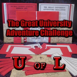 May include: A collection of adventure game materials, including red and white cards, maps, and envelopes. The title "The Great University Adventure Challenge" is prominently displayed. The letters "U OF L" are also visible, suggesting a university theme.