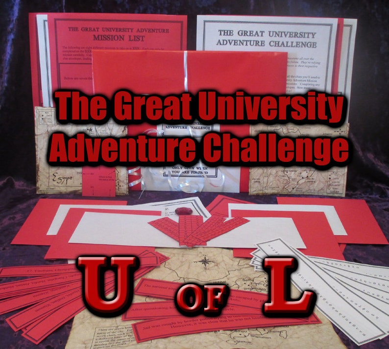 May include: A collection of adventure game materials, including red and white cards, maps, and envelopes. The title "The Great University Adventure Challenge" is prominently displayed. The letters "U OF L" are also visible, suggesting a university theme.