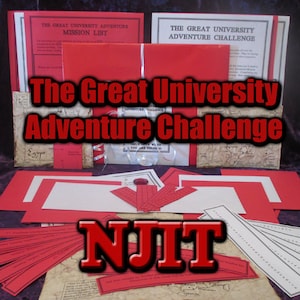 May include: A collection of materials for "The Great University Adventure Challenge" game. Includes red and white cards, maps, and printed documents. The text "NJIT" is prominently displayed, along with the game's title.