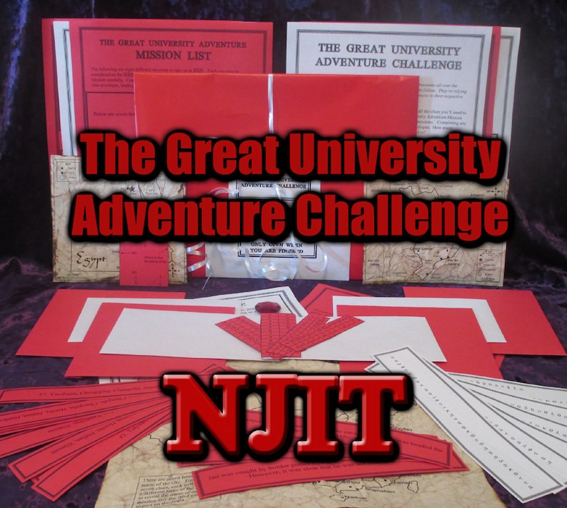 May include: A collection of materials for "The Great University Adventure Challenge" game. Includes red and white cards, maps, and printed documents. The text "NJIT" is prominently displayed, along with the game's title.