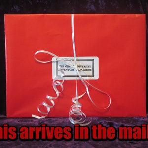 May include: A red rectangular package wrapped with a white ribbon and a small label. The label reads "THE GREAT UNIVERSITY ADVENTURE CHALLENGE". The text "This arrives in the mail..." is at the bottom of the image.