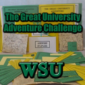 May include: A collection of materials for "The Great University Adventure Challenge." Includes mission lists, maps, and answer sheets. The text "The Great University Adventure Challenge" is prominently displayed in green. The letters "WSU" are also visible.