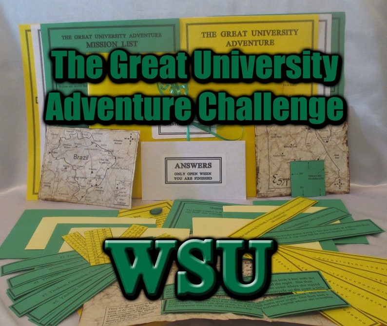 May include: A collection of materials for "The Great University Adventure Challenge." Includes mission lists, maps, and answer sheets. The text "The Great University Adventure Challenge" is prominently displayed in green. The letters "WSU" are also visible.
