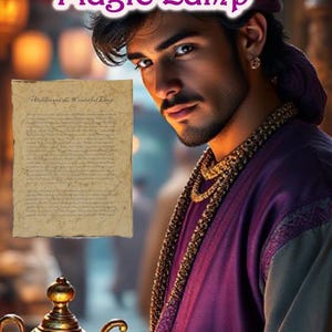 May include: An image featuring a man in purple robes and a turban, holding a golden lamp. The text "Aladdin and the Magic Lamp" is at the top, with "Antiqued First Page Reproduction" at the bottom. A vintage-style page is also visible.