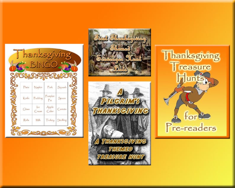 May include: A collection of Thanksgiving-themed educational materials. Includes a bingo game, a scavenger hunt list, and treasure hunt guides for pre-readers. The designs feature festive illustrations and text.