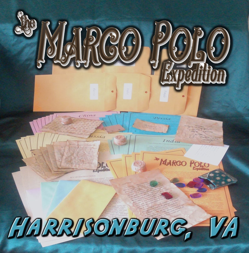 May include: A collection of aged paper documents, maps, and envelopes, labeled with place names like China, Persia, and India. The text "The Marco Polo Expedition" and "Harrisonburg, VA" are displayed in a stylized font.
