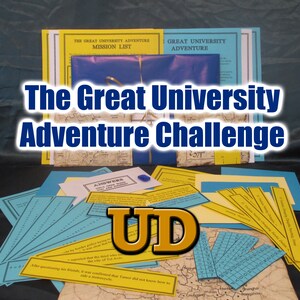 May include: A collection of adventure challenge materials, including mission lists, answer sheets, and maps. The text "The Great University Adventure Challenge" is prominently displayed. Various colored papers and a blue envelope are also visible.
