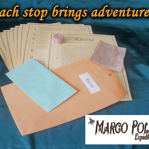 May include: An orange envelope labeled "Russia" with a light blue card and several numbered papers. A small, patterned cube and a torn paper are also present. The text "Each stop brings adventure..." is at the top, and the logo for "The Marco Polo Expedition" is at the bottom.