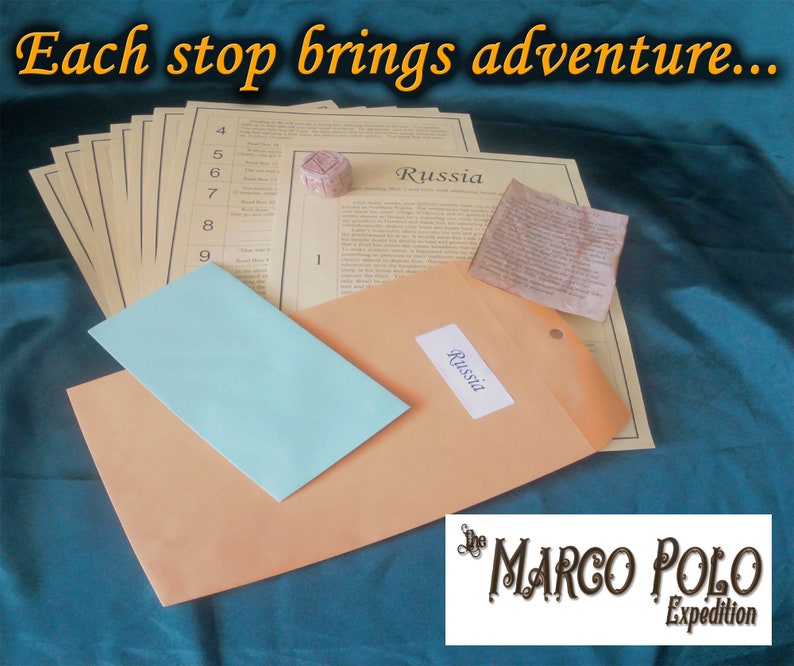May include: An orange envelope labeled "Russia" with a light blue card and several numbered papers. A small, patterned cube and a torn paper are also present. The text "Each stop brings adventure..." is at the top, and the logo for "The Marco Polo Expedition" is at the bottom.