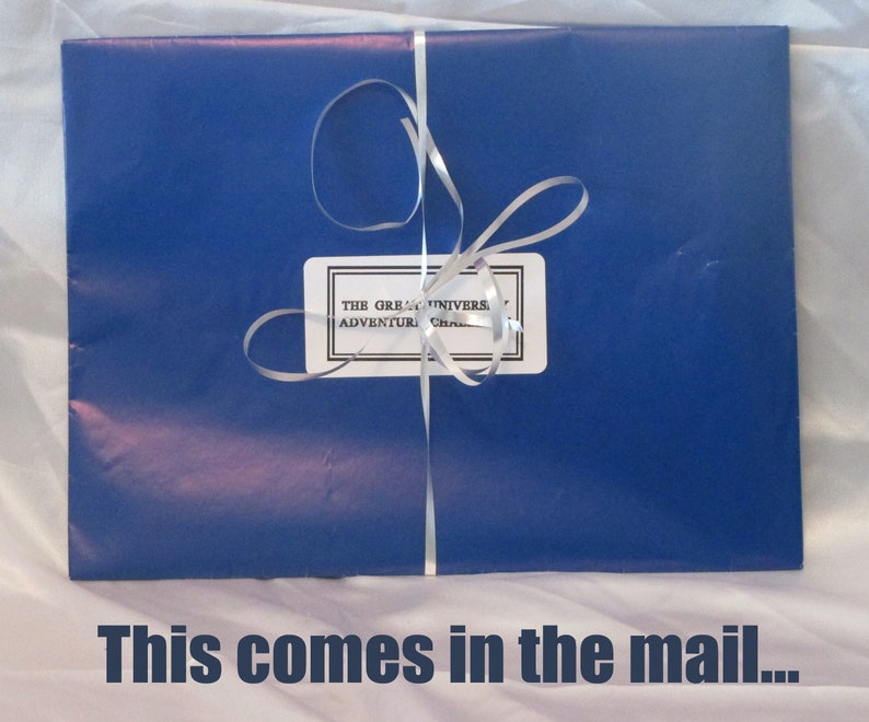 May include: A wrapped package in royal blue paper, tied with a silver ribbon. A white label with black text reads "THE GREAT UNIVERS... ADVENTURE CHALL...". The text "This comes in the mail..." is at the bottom.