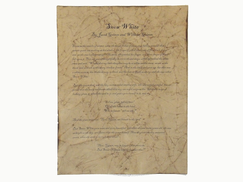 May include: A vintage-style printed page of the fairy tale "Snow White" by Jacob and Wilhelm Grimm. The text is in English, with a weathered, aged appearance, and the paper has a textured, parchment-like quality.
