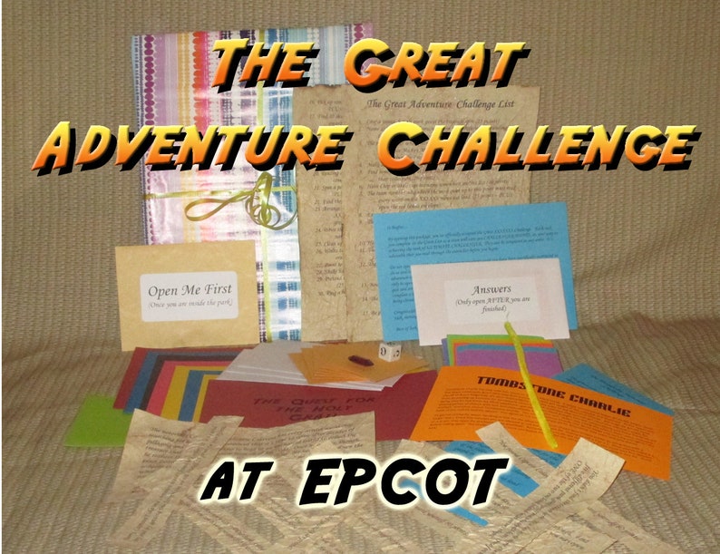 May include: A collection of adventure challenge materials with the text "THE GREAT ADVENTURE CHALLENGE AT EPCOT". The items include cards, envelopes, and lists, with the text "Open Me First" and "Answers". The color palette includes orange, yellow, blue, and green.