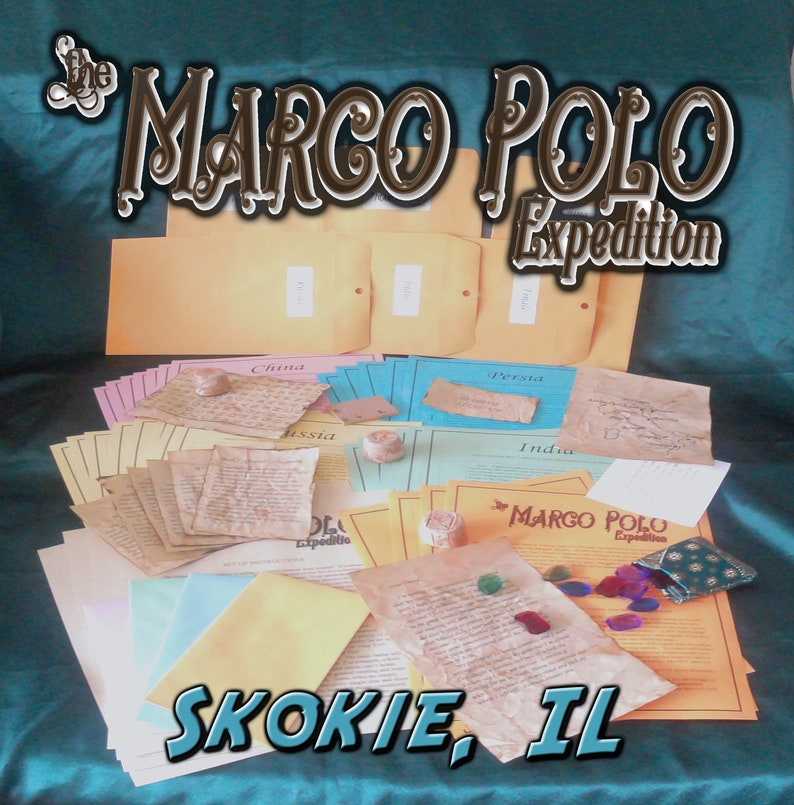 May include: An assortment of aged paper documents, envelopes, and small decorative items are arranged on a teal surface. The text "The Marco Polo Expedition" and "Skokie, IL" are prominently displayed in stylized fonts, suggesting a themed product.