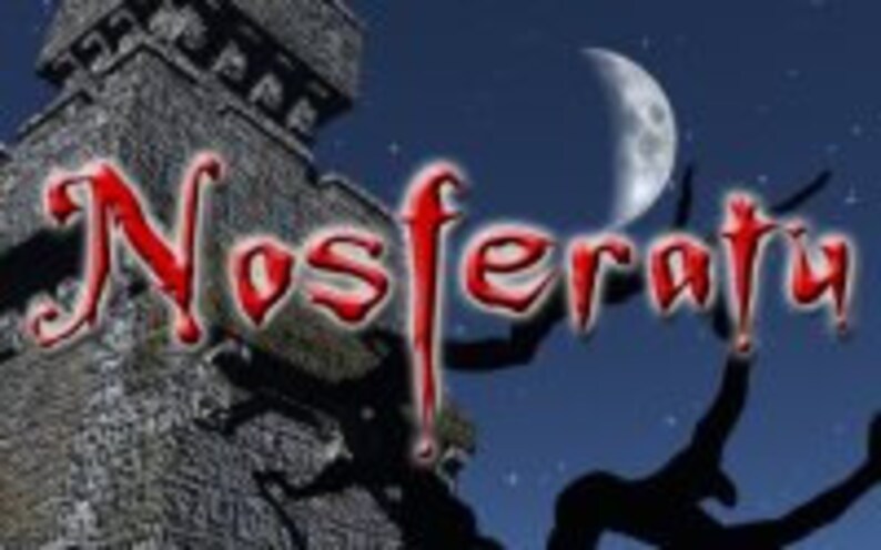 May include: A digital illustration with the word "Nosferatu" in red, gothic lettering. The background depicts a dark castle tower, a full moon, and a silhouetted tree against a starry night sky.