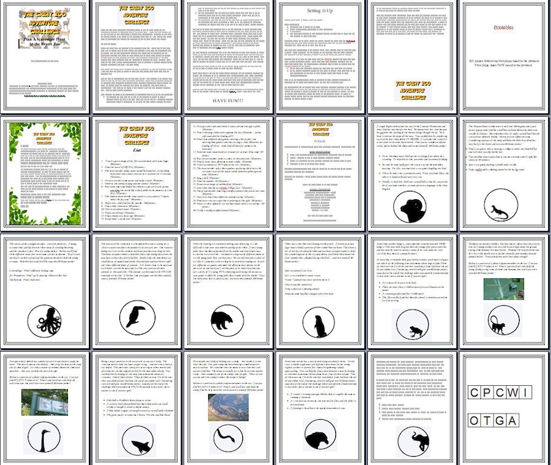 May include: A collection of printed cards with text and illustrations. The cards feature the title "The Great Zoo Adventure Challenge" and include various challenges, instructions, and animal silhouettes. The overall theme is an educational game or activity.