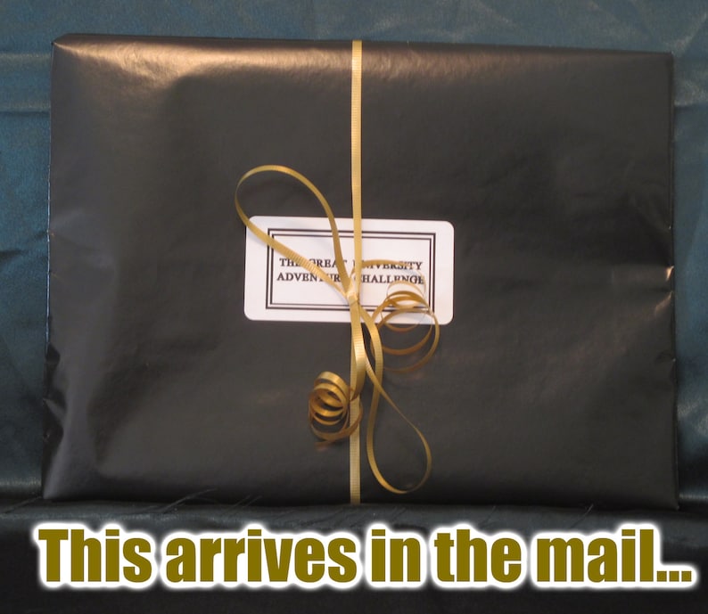 May include: A black package wrapped in glossy paper, tied with a gold ribbon and bow. A white label with black text reads "THE GREAT UNIVERSITY ADVENTURE CHALLENGE". The package is on a dark teal surface.