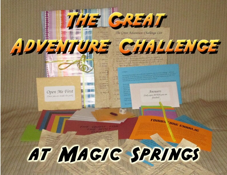 May include: A collection of adventure-themed materials, including cards, envelopes, and papers. The text "THE GREAT ADVENTURE CHALLENGE" is prominently displayed. Additional text includes "Open Me First" and "Answers". The phrase "AT MAGIC SPRINGS" is also visible.