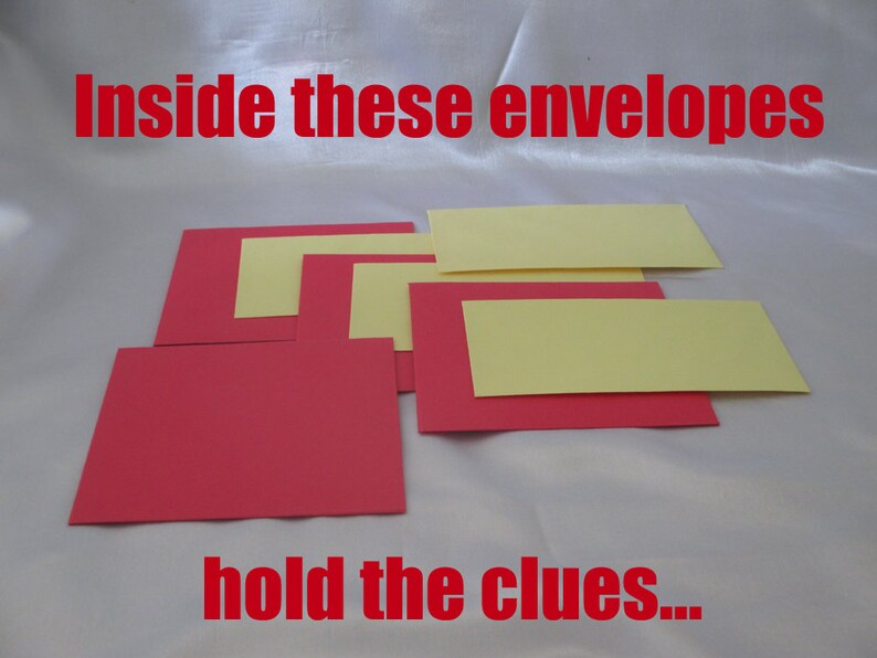 May include: Arrangement of red and yellow rectangular cards. The text "Inside these envelopes hold the clues..." is displayed in red, indicating a game or puzzle theme. The cards are arranged on a white surface.