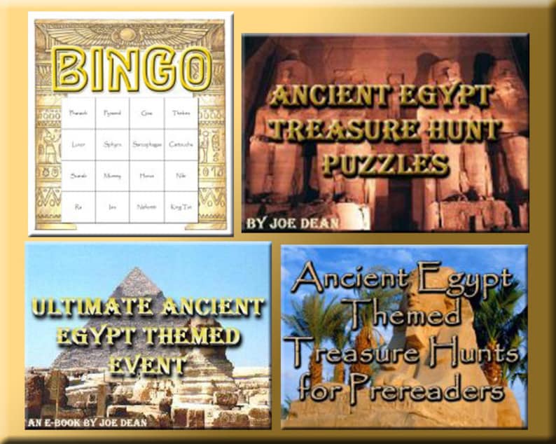 May include: A collection of Ancient Egypt themed educational materials. Includes a Bingo game, a puzzle book, and two treasure hunt guides. The titles include "Ancient Egypt Treasure Hunt Puzzles", "Ultimate Ancient Egypt Themed Event", and "Ancient Egypt Themed Treasure Hunts for Prereaders".