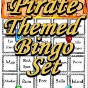 May include: A pirate-themed bingo set with a map, parrot, and other pirate-related images. The set includes the text "Pirate Themed Bingo Set" and "CLICK HERE" in a decorative font. The background features a sunset and pirate ships.