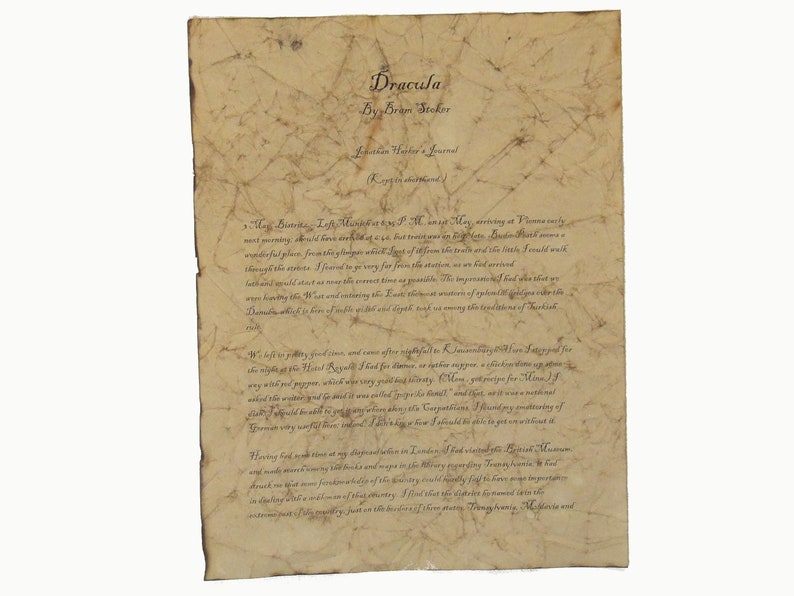 May include: A vintage, aged paper with the title "Dracula" by Bram Stoker. The document appears to be a handwritten journal entry, with visible text and creases, suggesting it's an antique literary piece.