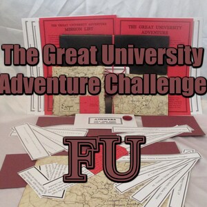 May include: A collection of adventure game materials, including maps, mission lists, and answer sheets. The text "The Great University Adventure Challenge" is prominently displayed. The color scheme includes red, brown, and white elements.