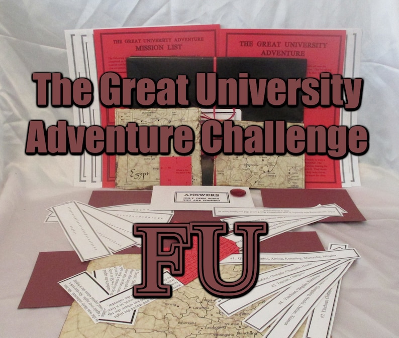 May include: A collection of adventure game materials, including maps, mission lists, and answer sheets. The text "The Great University Adventure Challenge" is prominently displayed. The color scheme includes red, brown, and white elements.