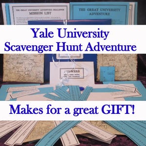 May include: A Yale University Scavenger Hunt Adventure kit with blue and white accents. The kit includes mission lists, maps, and answer sheets. Text on the image reads "Makes for a great GIFT!"