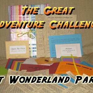 May include: A collection of adventure game materials with the text "THE GREAT ADVENTURE CHALLENGE AT WONDERLAND PARK." Includes cards, envelopes, and a list. The phrase "Open Me First" is visible on one envelope.
