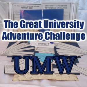 May include: A tabletop game titled "The Great University Adventure Challenge" with various components. The game includes mission lists, answer sheets, and a map. The letters "UMW" are prominently displayed. The game's design features a blue and white color scheme.
