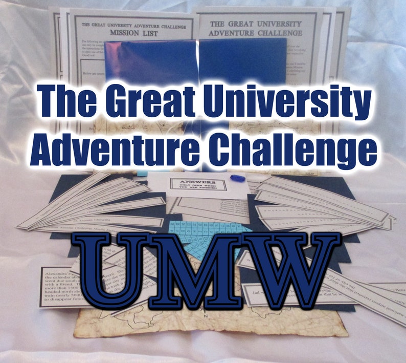 May include: A tabletop game titled "The Great University Adventure Challenge" with various components. The game includes mission lists, answer sheets, and a map. The letters "UMW" are prominently displayed. The game's design features a blue and white color scheme.