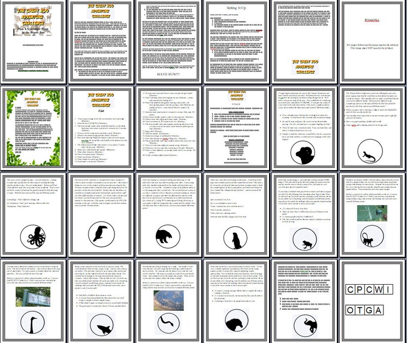 May include: A collection of printed cards with text and illustrations. The cards feature the title "The Great Zoo Adventure Challenge" and include various challenges, instructions, and animal silhouettes. The overall theme is an educational game or activity.