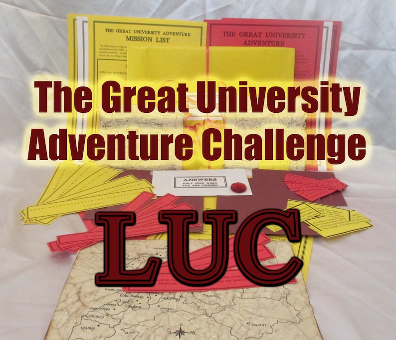 May include: A collection of adventure game materials, including mission lists, maps, and answer sheets. The text "The Great University Adventure Challenge" is prominently displayed. The letters "LUC" are also visible, along with red and yellow paper elements.