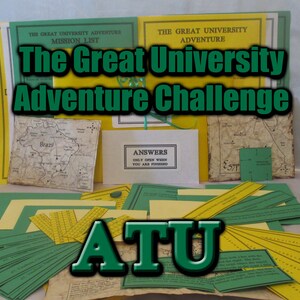 May include: A collection of materials for "The Great University Adventure Challenge." The items include mission lists, maps, and answer sheets. The text "ATU" is prominently displayed. The color scheme is green, yellow, and white.