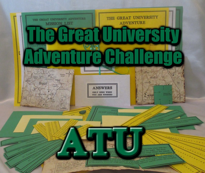 May include: A collection of materials for "The Great University Adventure Challenge." The items include mission lists, maps, and answer sheets. The text "ATU" is prominently displayed. The color scheme is green, yellow, and white.