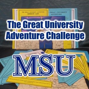May include: A collection of materials for "The Great University Adventure Challenge" is displayed. The items include mission lists, maps, and answer sheets. The letters "MSU" are prominently featured, suggesting a university theme. The overall color scheme is blue, yellow, and white.
