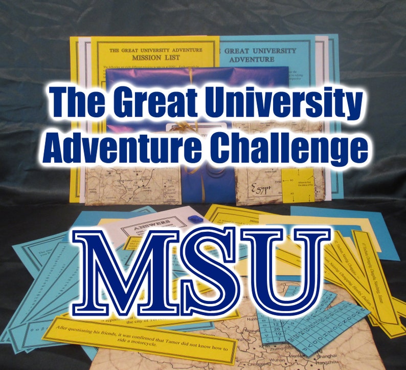 May include: A collection of materials for "The Great University Adventure Challenge" is displayed. The items include mission lists, maps, and answer sheets. The letters "MSU" are prominently featured, suggesting a university theme. The overall color scheme is blue, yellow, and white.