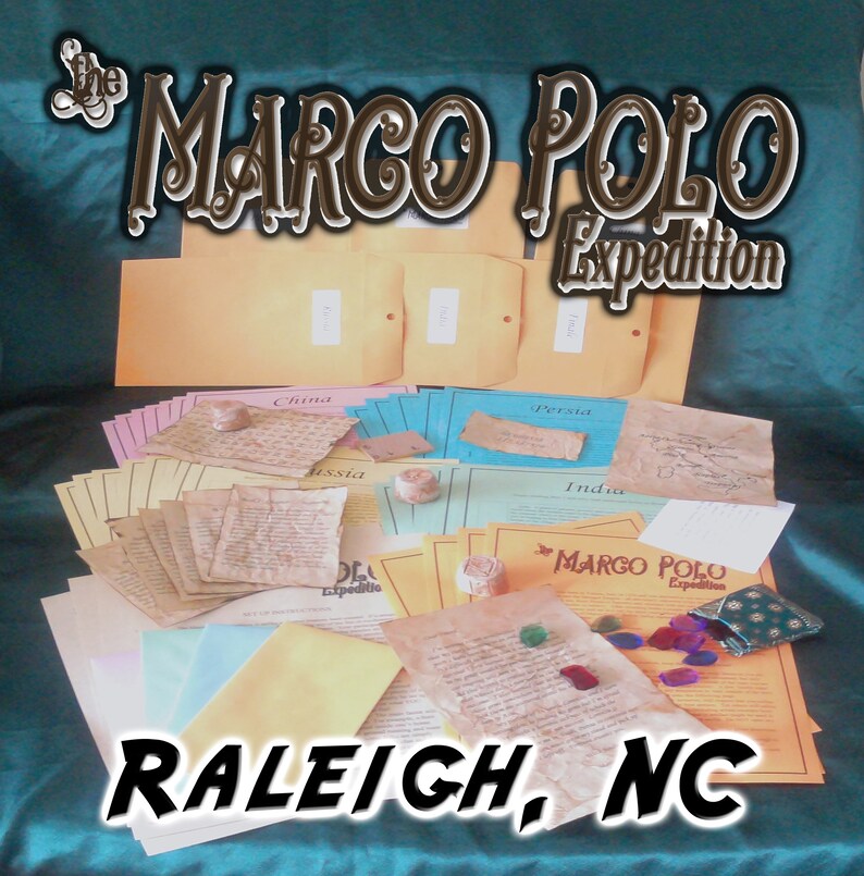 May include: The Marco Polo Expedition kit with various aged paper documents, envelopes, and small decorative items. The text "The Marco Polo Expedition" and "Raleigh, NC" are displayed in the image.