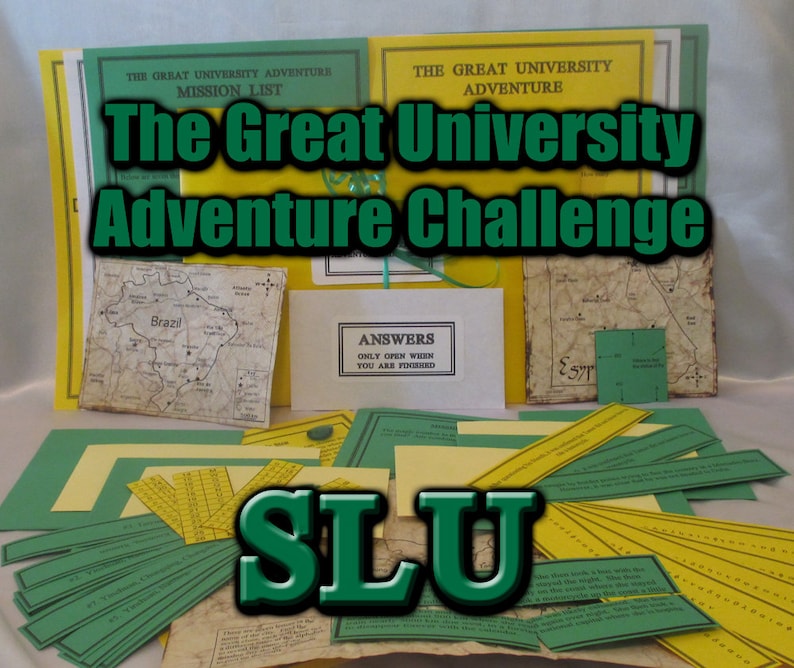 May include: A collection of materials for "The Great University Adventure Challenge." The items include a mission list, maps, and answer sheets. The text "SLU" is prominently displayed, along with the phrase "Answers Only Open When You Are Finished."
