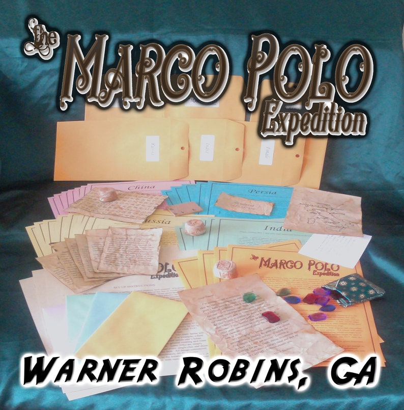 May include: A collection of aged paper documents and envelopes with the text "MARCO POLO Expedition" and "WARNER ROBINS, GA". The documents are labeled with countries like China, Persia, and India, suggesting a historical or educational theme.