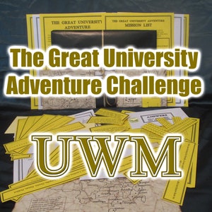 May include: A tabletop game with the text "The Great University Adventure Challenge" in gold lettering. The game includes yellow mission lists, answer sheets, and a map. The letters "UWM" are also displayed in gold.
