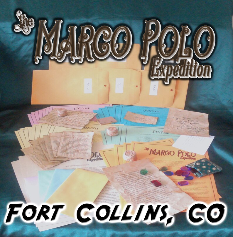 May include: A collection of aged paper documents and envelopes with the text "The Marco Polo Expedition" and "Fort Collins, CO." Various papers are labeled with countries like China, Persia, and India. The items are arranged on a teal surface.