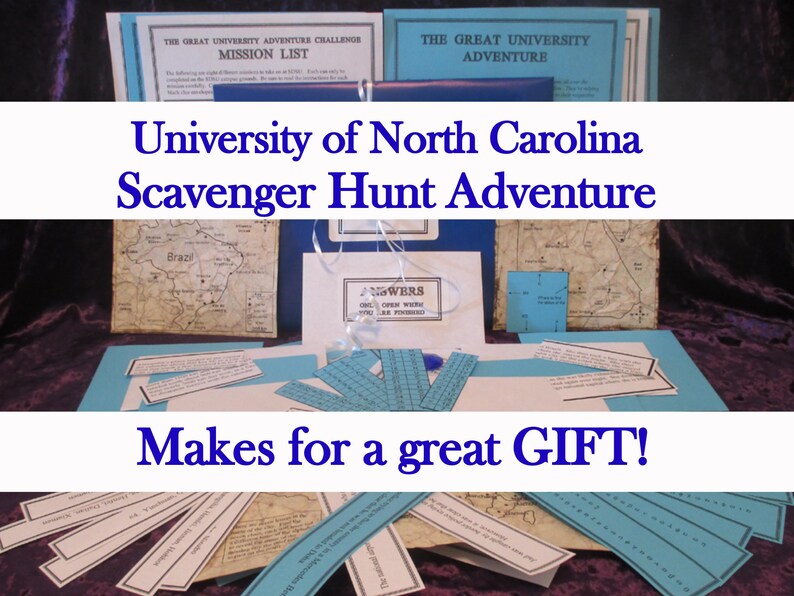 May include: A scavenger hunt adventure kit with the text "University of North Carolina Scavenger Hunt Adventure." The kit includes mission lists, maps, and answer cards. The text "Makes for a great GIFT!" is also visible.