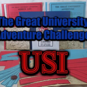 May include: The Great University Adventure Challenge game set. The image shows red and blue paper elements, including mission lists and answer sheets. The text "The Great University Adventure Challenge" is prominently displayed.