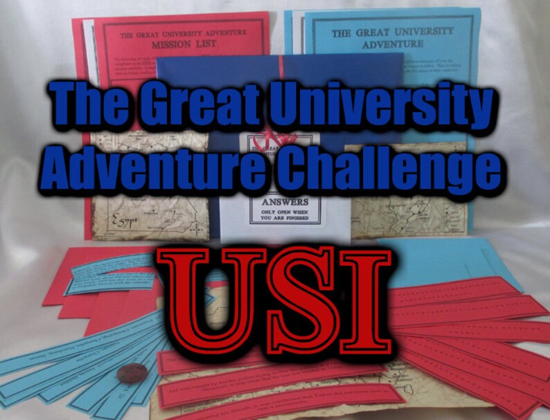 May include: The Great University Adventure Challenge game set. The image shows red and blue paper elements, including mission lists and answer sheets. The text "The Great University Adventure Challenge" is prominently displayed.