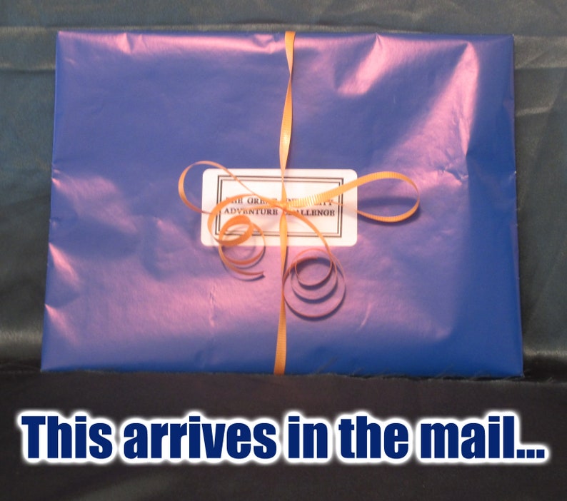 May include: A wrapped package in blue paper tied with an orange ribbon. A white label with black text is affixed to the package. The text at the bottom of the image reads, "This arrives in the mail..."
