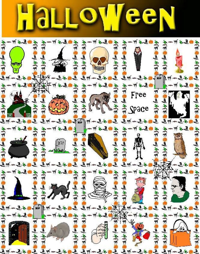 May include: A Halloween-themed graphic with the word "Halloween" in yellow letters. The image features various Halloween icons, including a skull, witch hat, pumpkin, black cat, and mummy, arranged in a grid pattern with a white background.